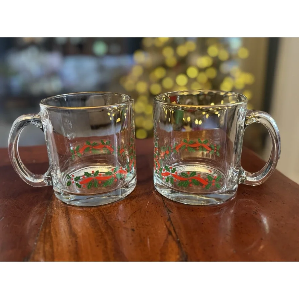 Set Of 2 Vintage Libbey Holly Berry Gold Rimmed Clear Mug‎ Christmas Holiday
